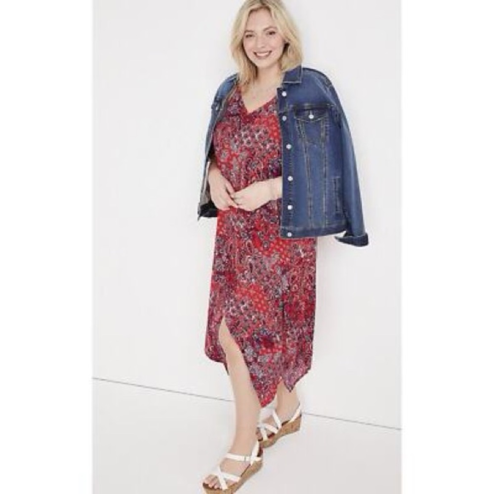Red Floral Midi Dress with a handkerchief hem.